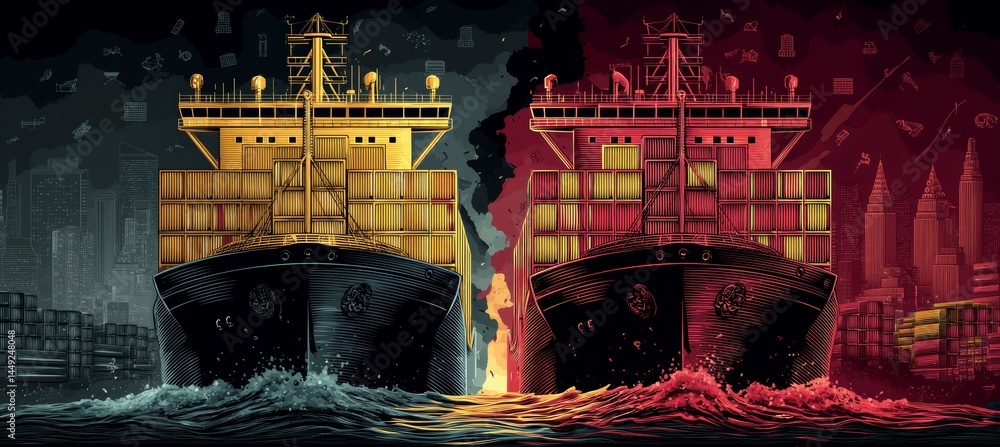 Two giant cargo container ship. Trade economy war. Import export manufacture. Generative AI technology.