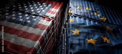 Obraz na płótnie America and EU on flag on cargo box. Trade tax import export manufacture. Generative AI technology.
w salonie