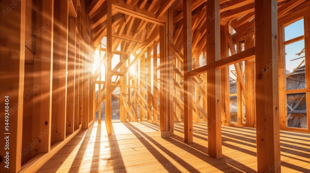 A wooden frame structure with beams and rafters, illuminated by sunlight, with a wooden floor and a window in the background. A wooden frame structure with beams and rafters, illuminated by sunlight, with a wooden floor and a window in the background.