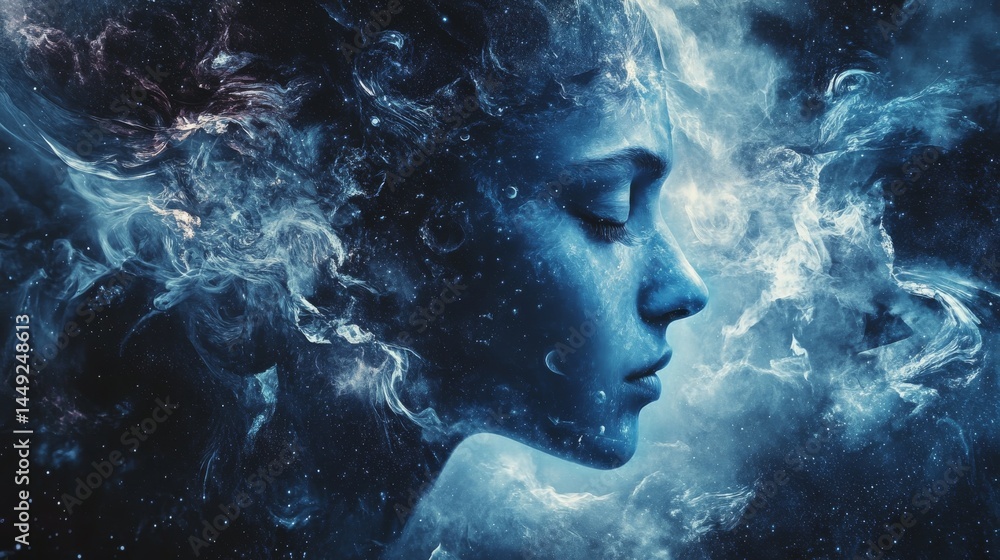 Abstract art portrait of a woman surrounded by swirling blue smoke Abstract art portrait of a woman surrounded by swirling blue smoke