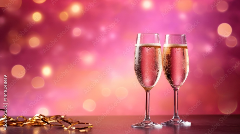Two champagne glasses filled with pink champagne on a pink and purple bokeh background with gold streamers. Two champagne glasses filled with pink champagne on a pink and purple bokeh background with gold streamers.