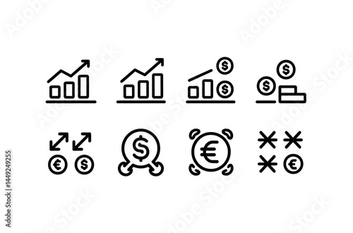 Set of growth charts, currency symbols, and financial icons for business concepts