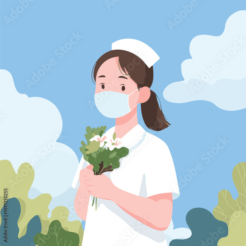 Nurse holding flowers vector illustration
