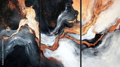 Abstract painting with dynamic, flowing shapes.
