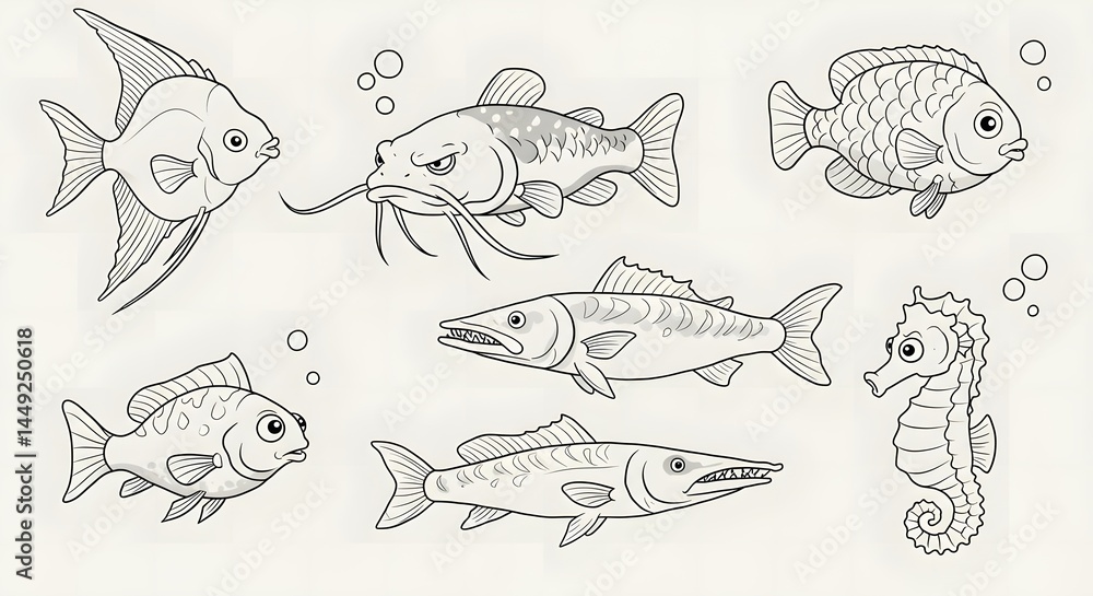 Fototapeta premium Assorted Cartoon Fish Collection Angelfish Catfish Barracuda and Seahorse Line Art