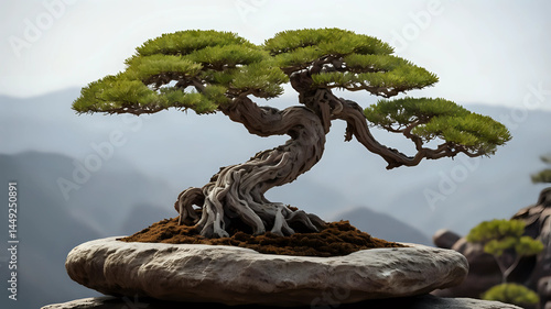 Ancient bonsai tree with twisted trunk and lush green foliage, set against a serene mountain landscape