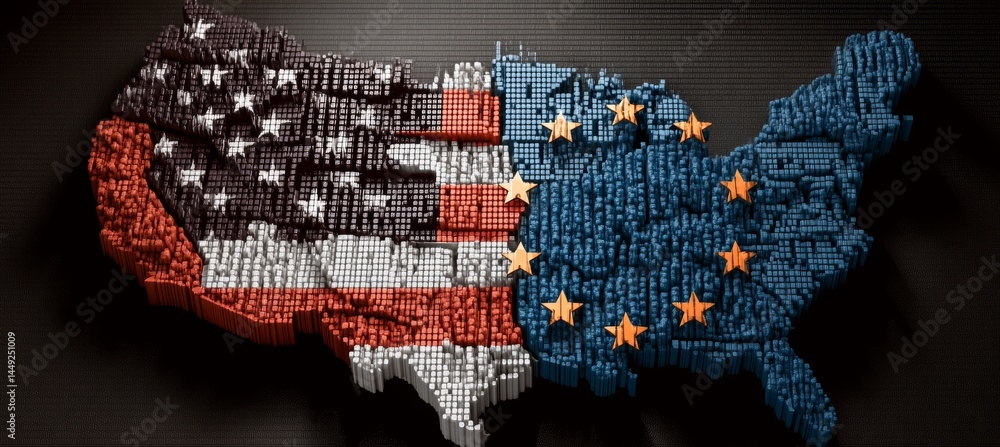 America and EU flag on America country map. Trade economy war. Import export manufacture. Politic agreement. Generative AI technology.