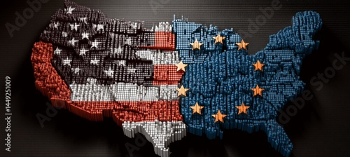 America and EU flag on America country map. Trade economy war. Import export manufacture. Politic agreement. Generative AI technology.	
