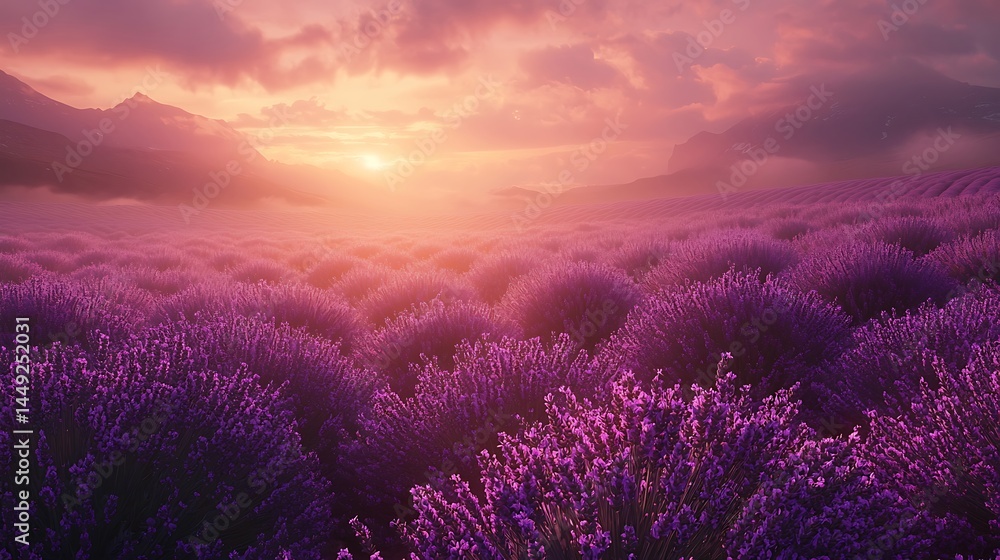 Fototapeta premium Purple lavender fields shining at sunrise high resolution picture