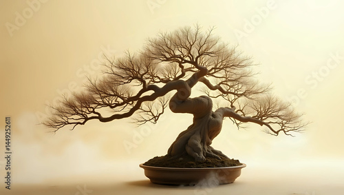 A beautifully shaped bonsai tree with intricate branches and roots, set against a soft, glowing background