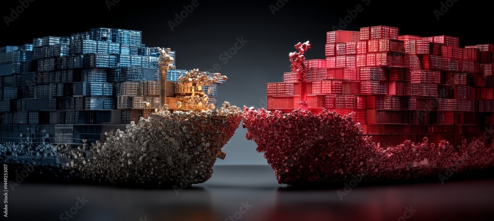 Two side of cargo ship symbol of trade tariff war economy. Import export trading market. Generative AI technology.