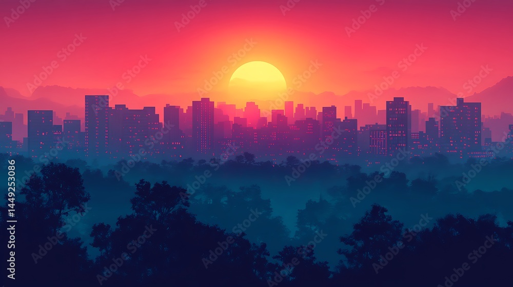 Fototapeta premium Sunset cityscape in vibrant colors artwork