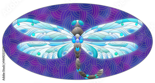 An illustration in the style of a stained glass window with a bright dragonfly on a blue wavy background