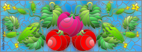 Illustration in stained glass style with vegetable composition, ripe tomatoes, cucumbers and leaves on a blue background, horizontal orientation