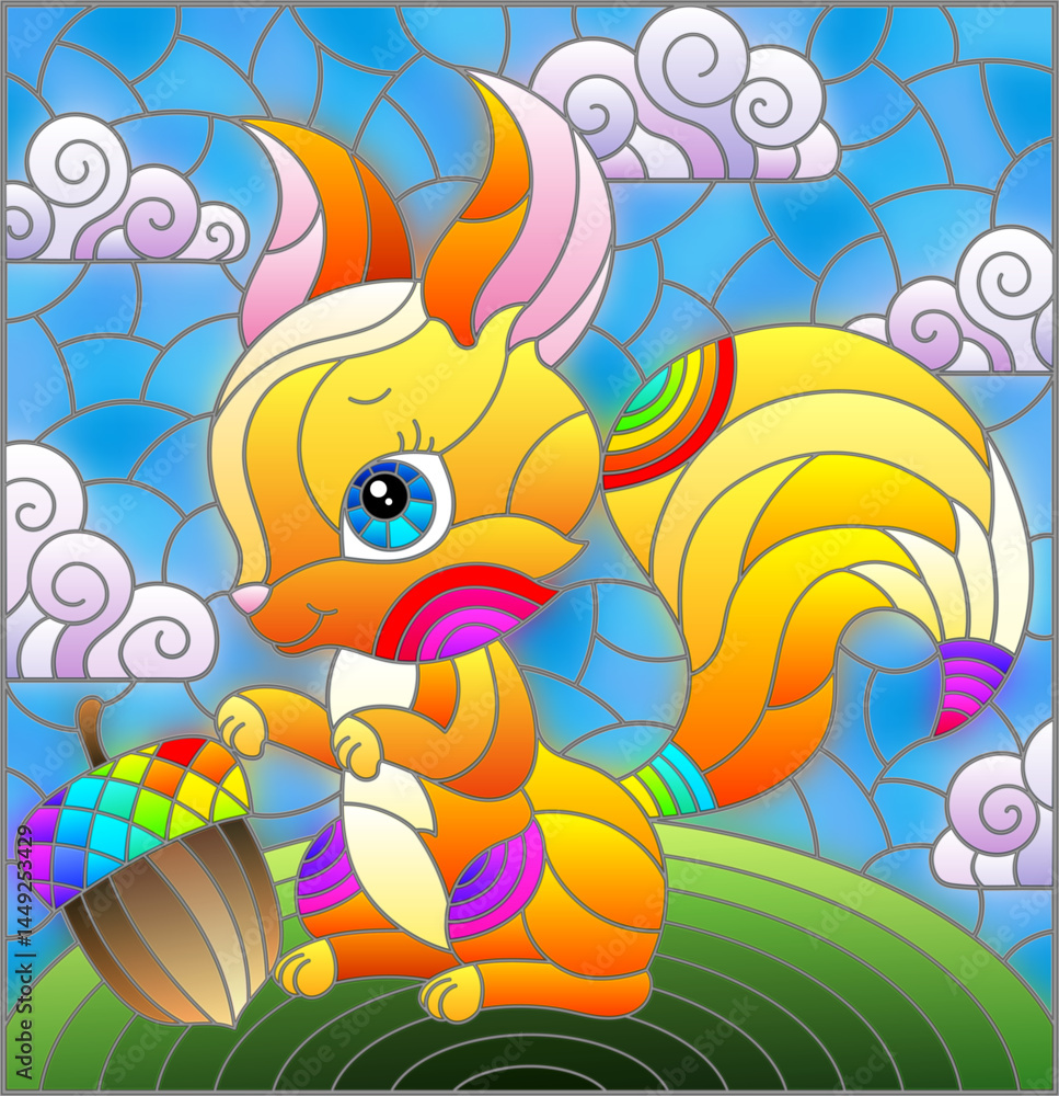 Fototapeta premium Illustration in the style of a stained glass window with a cute cartoon squirrel on the background of a green meadow and a cloudy sky