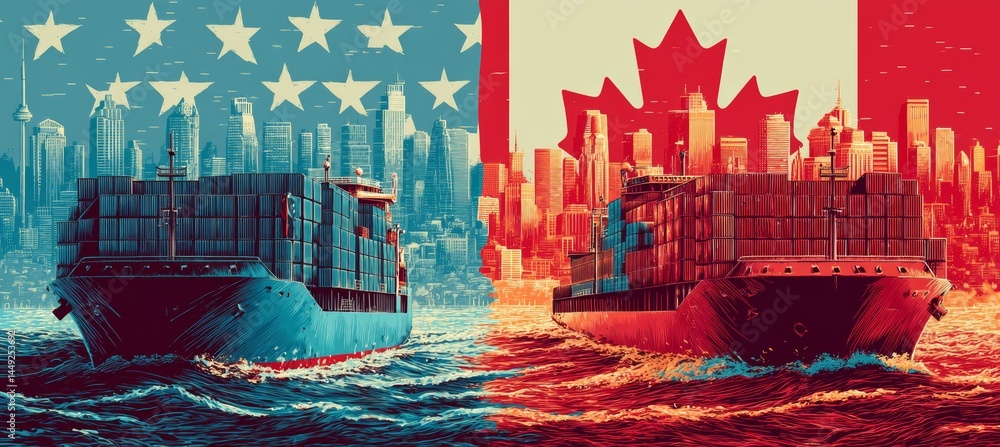 America versus Canada. Cargo ship symbol of trade economy war. Import export manufacture. Politic agreement. Generative AI technology.