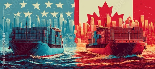 Obraz na płótnie America versus Canada. Cargo ship symbol of trade economy war. Import export manufacture. Politic agreement. Generative AI technology.
w salonie