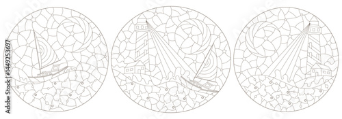 A set of contour illustrations in the style of a stained glass window with a seascape, a lighthouse and a boat, outlines on a white background