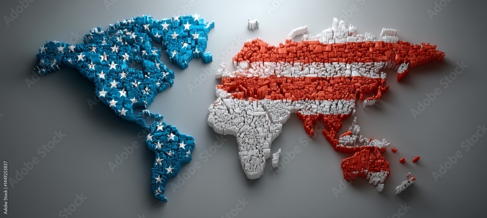 America flag on world map. Import export trading market. Politic international agreement. Generative AI technology.