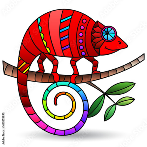 Illustration in the style of a stained glass window with bright chameleon, bright animal isolated on a white background