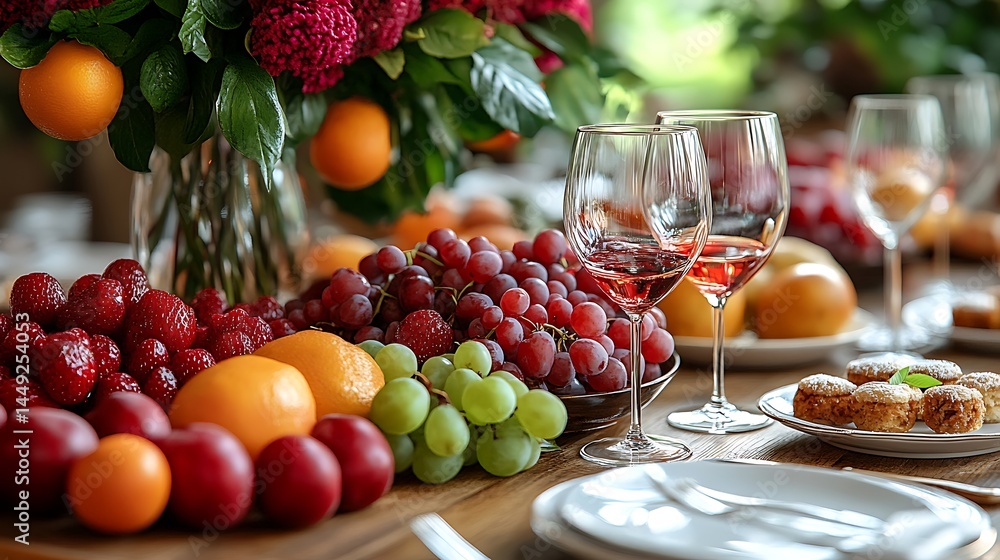 Festive Table Setting With Wine Fruit And Desserts For A Special Occasion Photo Festive Table Setting With Wine Fruit And Desserts For A Special Occasion Photo