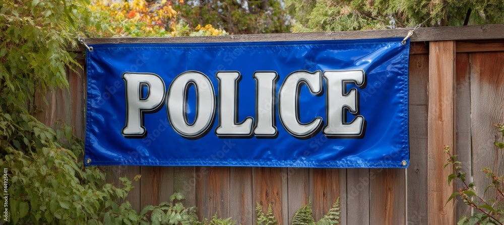 Police sign banner on wooden wall. Generative AI technology.