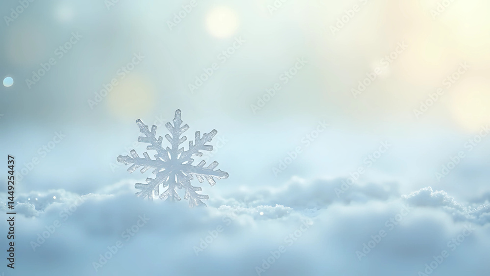 A delicate snowflake rests on a soft layer of snow, capturing the serene beauty of a winter landscape at dawn A delicate snowflake rests on a soft layer of snow, capturing the serene beauty of a winter landscape at dawn