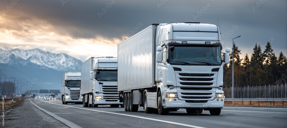 Europe style container truck at highway. Cargo courier transport import export concept. Generative AI technology.