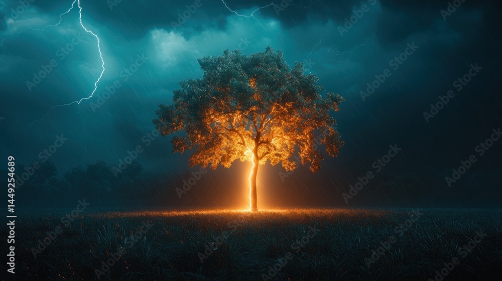 Fototapeta premium Glowing tree stands amidst storm and lightning