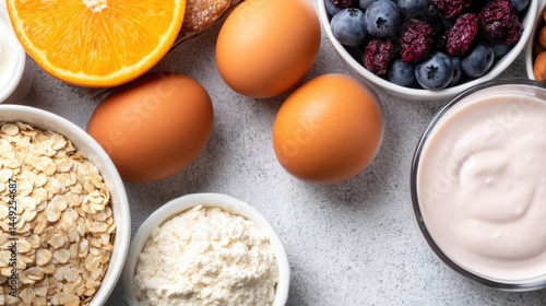 Wallpaper Mural Fresh ingredients for a healthy breakfast arranged on a light surface with fruits and oats Torontodigital.ca