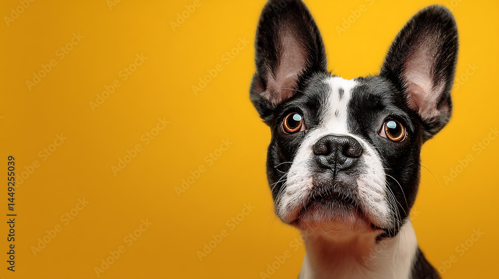 A close-up portrait of a curious dog with striking eyes against a vibrant yellow background A close-up portrait of a curious dog with striking eyes against a vibrant yellow background