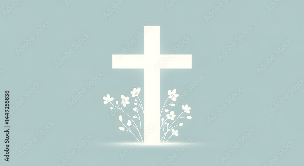 Fototapeta premium Illuminated Cross with Flowers Spiritual Light Pastel Background Illustration