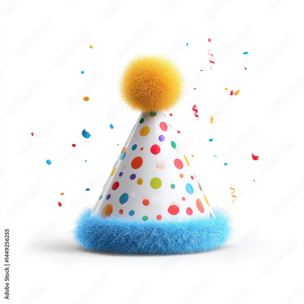 Festive party cone hat with colorful polka dots, fluffy blue trim, and a yellow pom-pom, surrounded by confetti Festive party cone hat with colorful polka dots, fluffy blue trim, and a yellow pom-pom, surrounded by confetti