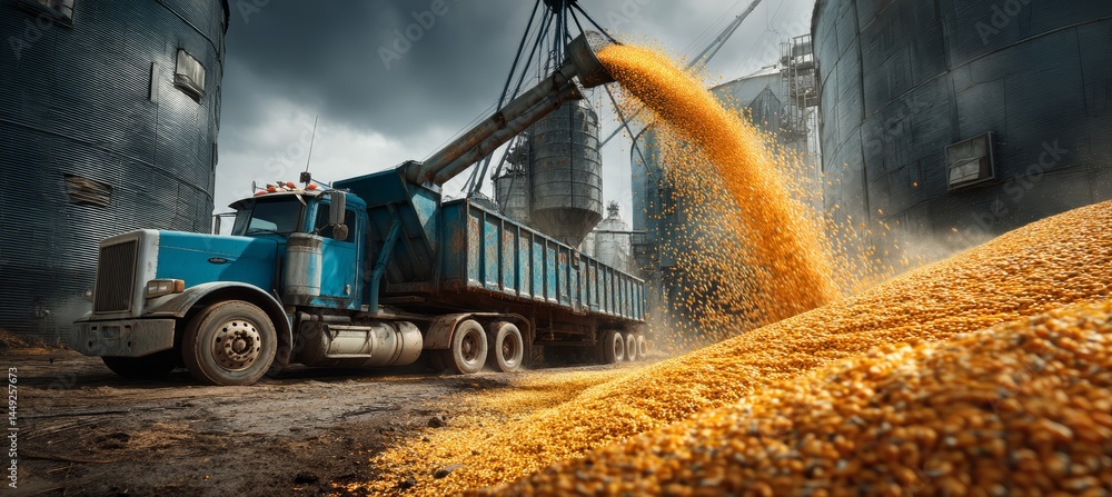 Transport truck pouring corn grain. Agriculture farming business. Generative AI technology.
