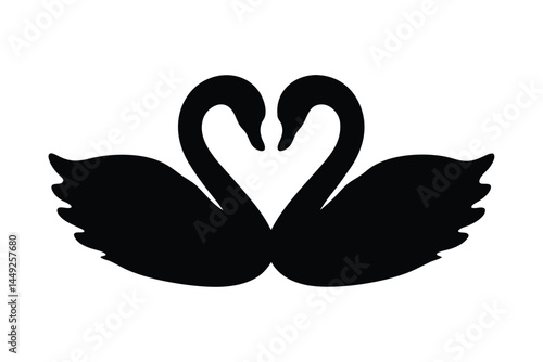 Black and white silhouette of two swans forming a heart shape
