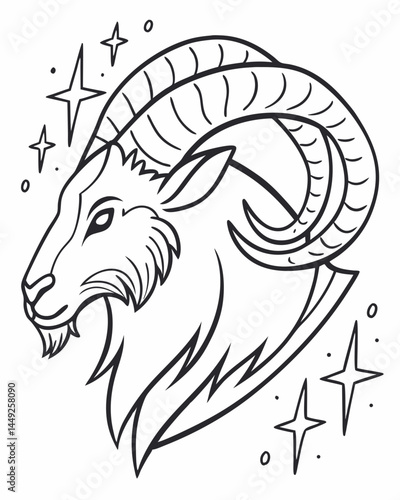 This line art image features a profile view of a ram's head, likely representing the Aries zodiac sign.