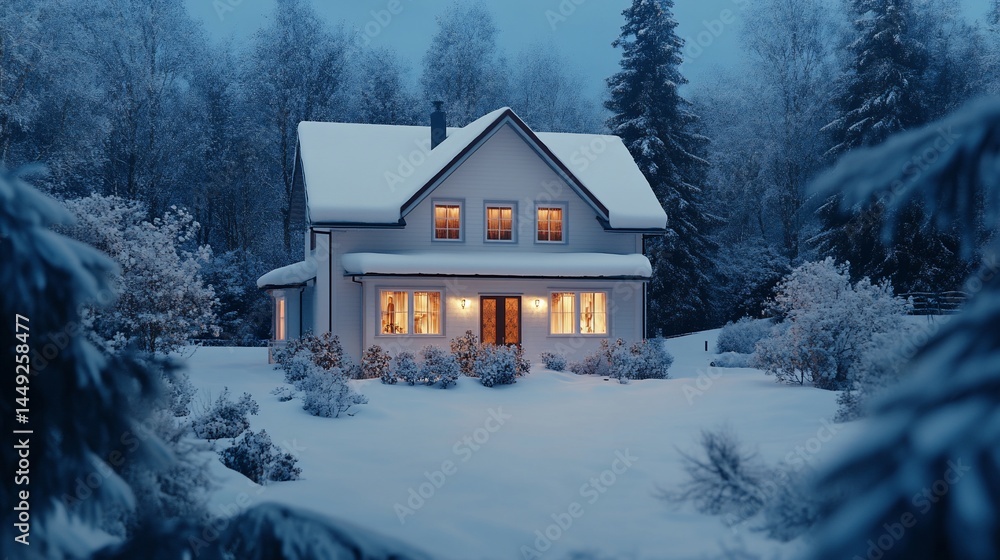 Enchanting winter scene of a snow-covered house radiating warm light Enchanting winter scene of a snow-covered house radiating warm light