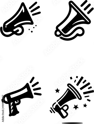 black and white vector illustrations of megaphones emitting sound waves for communication and announcement designs