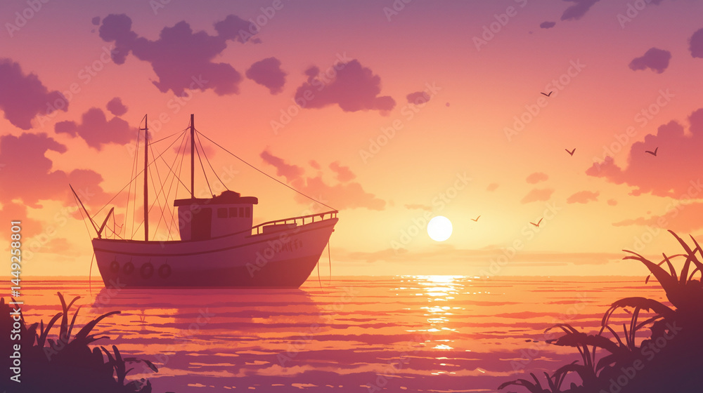 Serene Sunset Seascape with Fishing Boat Serene Sunset Seascape with Fishing Boat