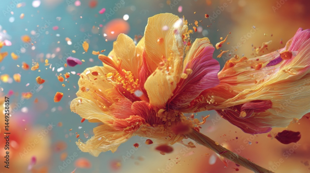 A close-up of a flower with petals in various stages of bloom, surrounded by colorful particles. A close-up of a flower with petals in various stages of bloom, surrounded by colorful particles.