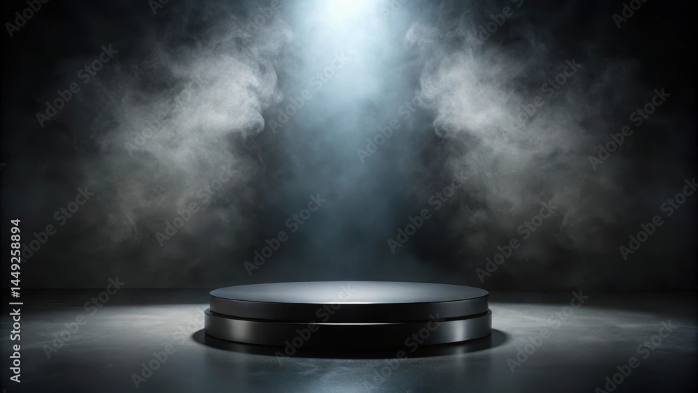 Dark smoke surrounds a sleek round black stone podium in a dimly lit space, emphasizing its modern design and dramatic effect, dark smoke, dark interior Dark smoke surrounds a sleek round black stone podium in a dimly lit space, emphasizing its modern design and dramatic effect, dark smoke, dark interior