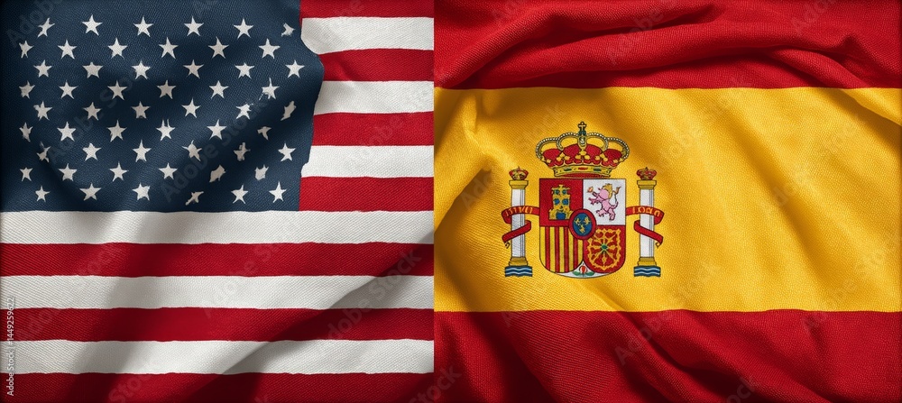 America and Spain flag. Import export trading market. Politic agreement. Generative AI technology.