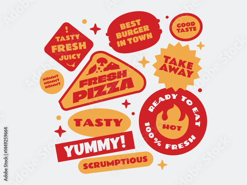 Fast food stickers, patch, badges collection. Street food promotional design element.