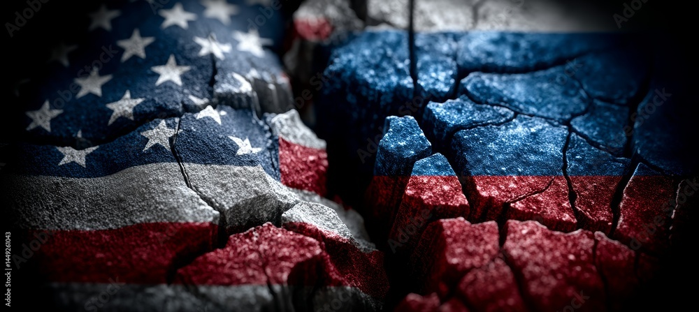 America and Russia flag split on crack stone. Import export trading market. Politic diplomacy agreement. Generative AI technology.