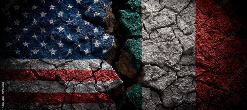 America and Italy flag split on crack stone. Import export trading market. Politic agreement. Generative AI technology.