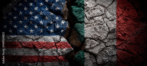 Obraz na płótnie America and Italy flag split on crack stone. Import export trading market. Politic agreement. Generative AI technology. w salonie
