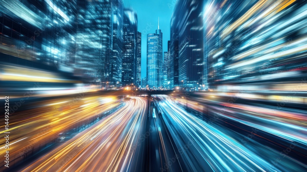 Urban cityscape at night, motion blur effect. Modern city highway Urban cityscape at night, motion blur effect. Modern city highway