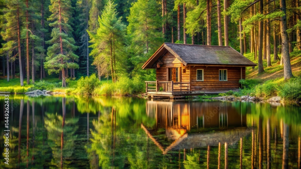 Fototapeta premium wooden cottage in forest by lake, summer, lake, summer, lake, water, nature, reflection, rural, trees, countryside