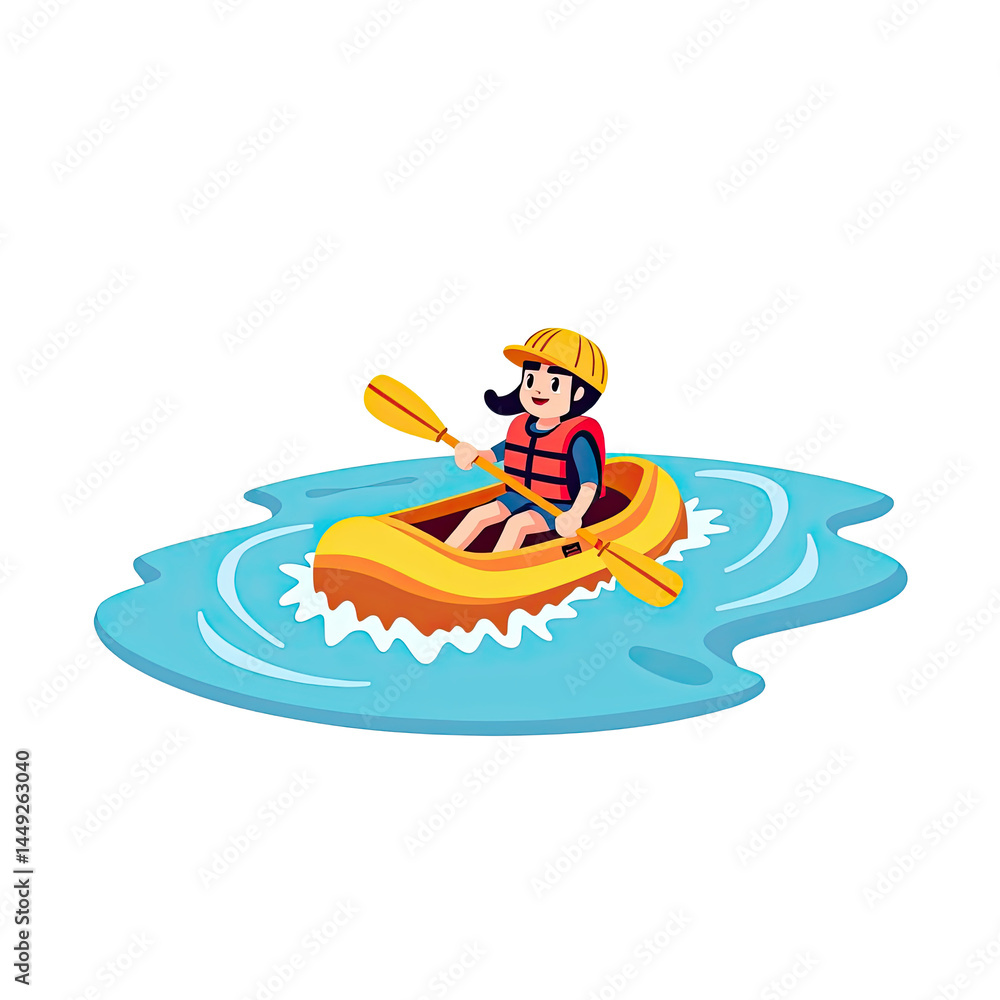Naklejka premium Girl Kayaking, Inflatable Boat, Summer Fun - Flat design illustration
