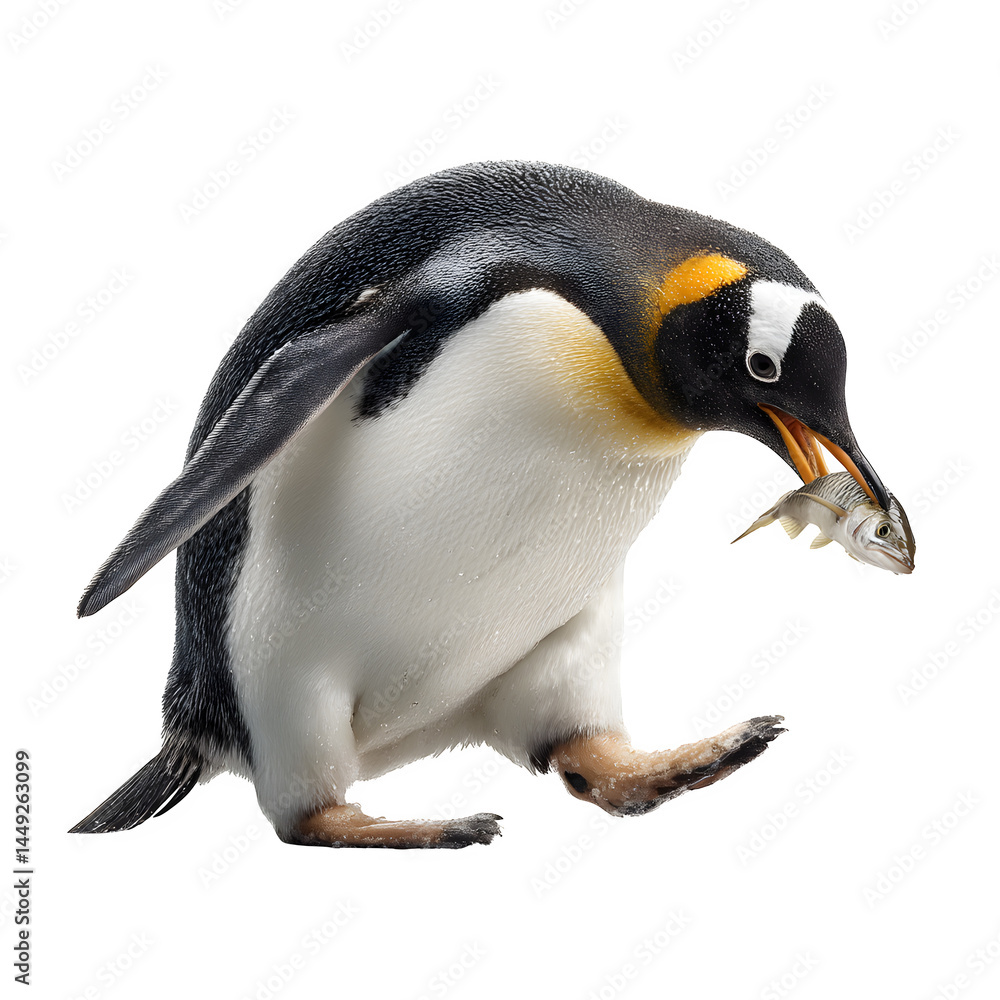 Naklejka premium A penguin walking with a fish in its mouth against a black background in a studio setting